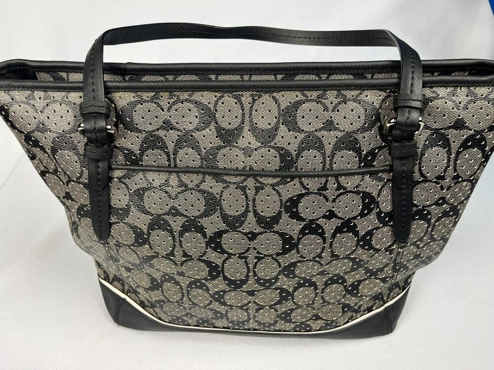 Coach Peyton F29886 Perforated Zip Top Shoulder Tote Black Gray Signature Logo